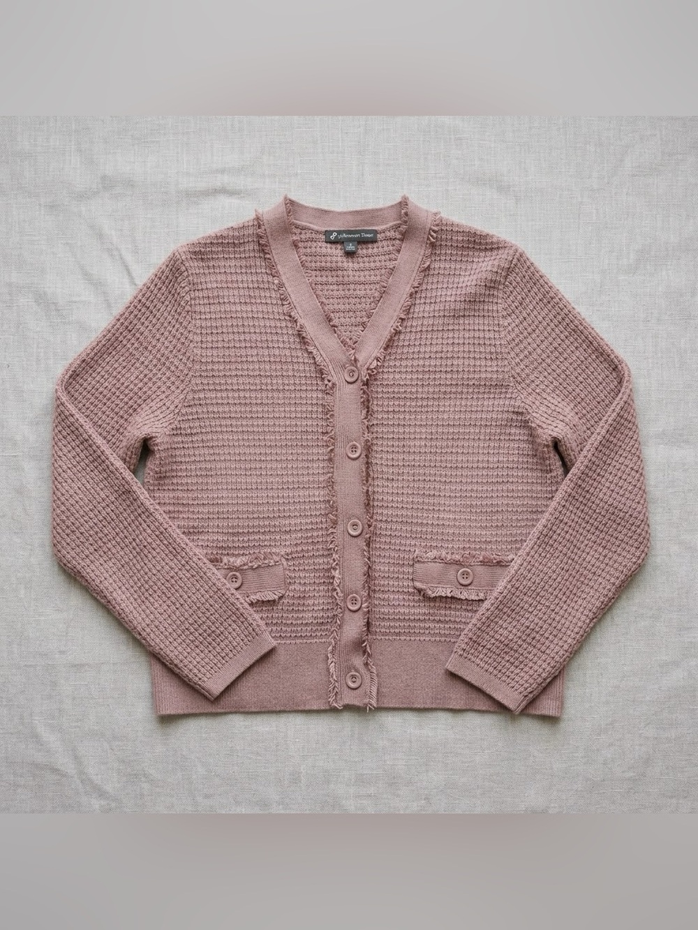 Adrianna Papell Waffle Knit Frayed Cardigan Sweater Size XS
